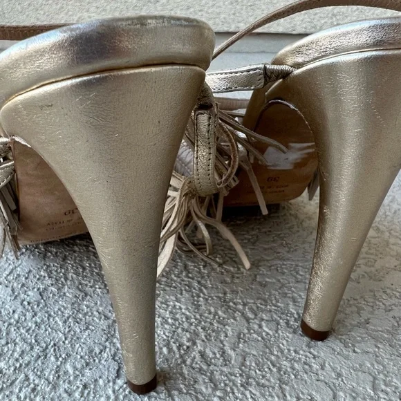 Perla Formentini Allegra Gold Platino Fringe Leather Heels Size 39 - Picture 5 of 11